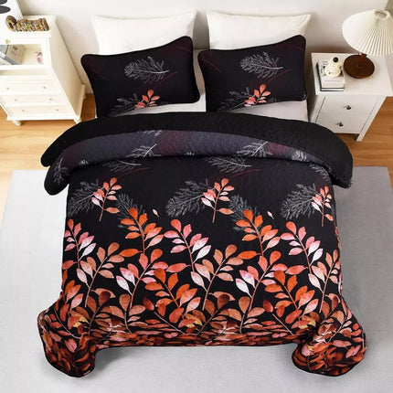 Black and Red  Leaves Quilted Bedspread & Pillowcase Set.