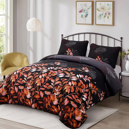 Black and Red  Leaves Quilted Bedspread & Pillowcase Set.