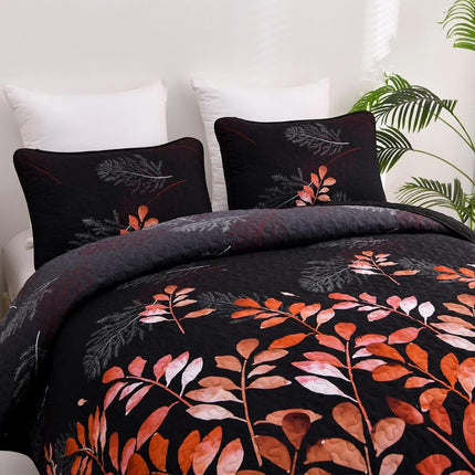 Black and Red  Leaves Quilted Bedspread & Pillowcase Set.