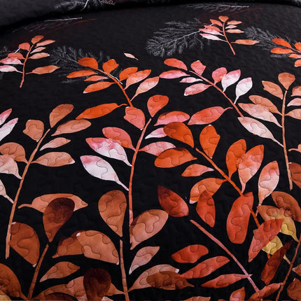 Black and Red  Leaves Quilted Bedspread & Pillowcase Set.