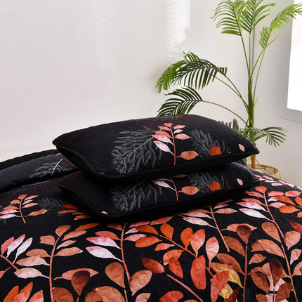 Black and Red  Leaves Quilted Bedspread & Pillowcase Set.