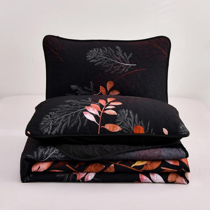Black and Red  Leaves Quilted Bedspread & Pillowcase Set.