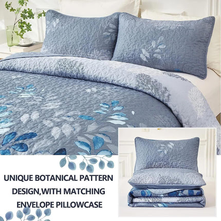 Blue Garden Coverlet Set with Quilted Floral Pattern and Pillowcases.
