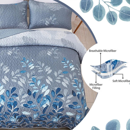 Blue Garden Coverlet Set with Quilted Floral Pattern and Pillowcases.