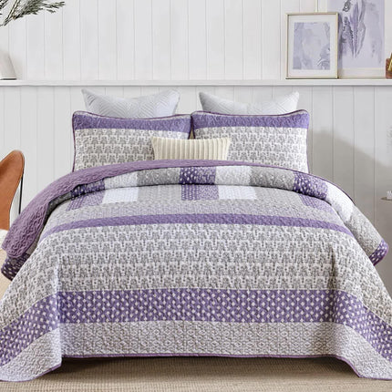 Bohemian Purple and White Quilted Bedspread or Coverlet Set and matching pillowcases.