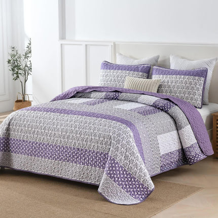 Bohemian Purple and White Quilted Bedspread or Coverlet Set and matching pillowcases.