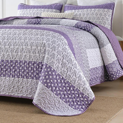 Bohemian Purple and White Quilted Bedspread or Coverlet Set and matching pillowcases.