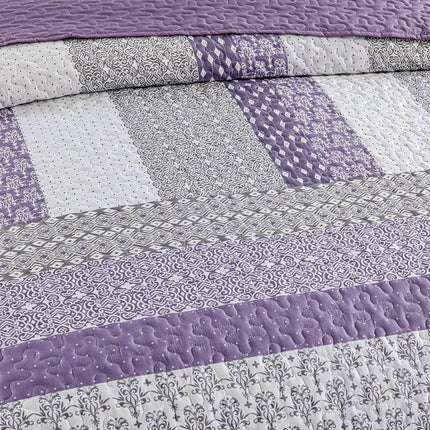 Bohemian Purple and White Quilted Bedspread or Coverlet Set and matching pillowcases.
