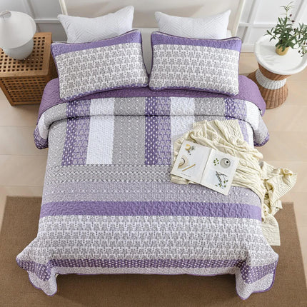 Bohemian Purple and White Quilted Bedspread or Coverlet Set and matching pillowcases.