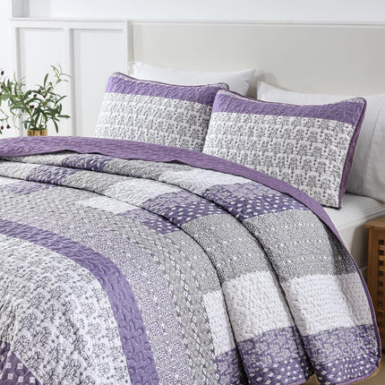 Bohemian Purple and White Quilted Bedspread or Coverlet Set and matching pillowcases.