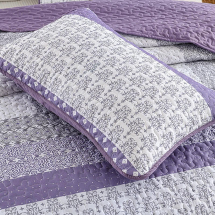 Bohemian Purple and White Quilted Bedspread or Coverlet Set and matching pillowcases.