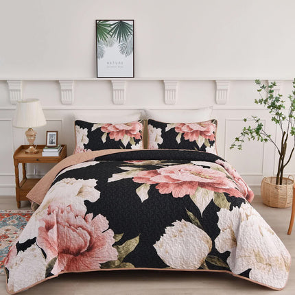 Blossom Trio Quilted Coverlet Set with Pillowcases (Black, Red & Pink.