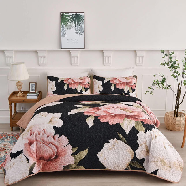 Blossom Trio Quilted Coverlet Set with Pillowcases (Black, Red & Pink.