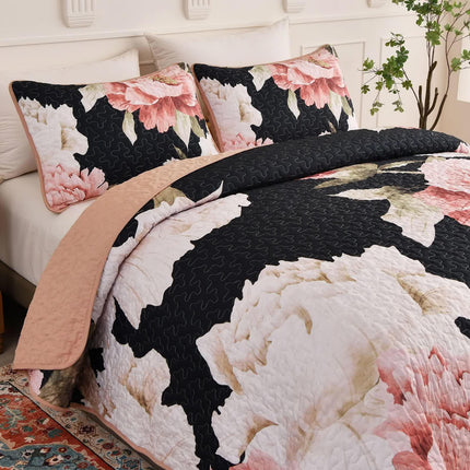 Blossom Trio Quilted Coverlet Set with Pillowcases (Black, Red & Pink.
