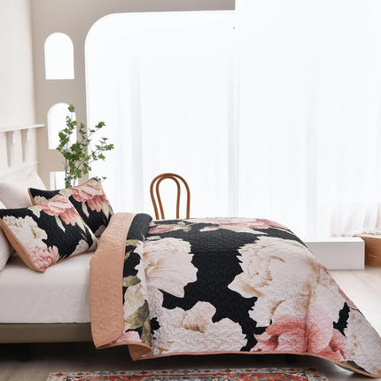 Blossom Trio Quilted Coverlet Set with Pillowcases (Black, Red & Pink.