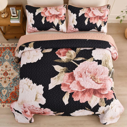 Blossom Trio Quilted Coverlet Set with Pillowcases (Black, Red & Pink.