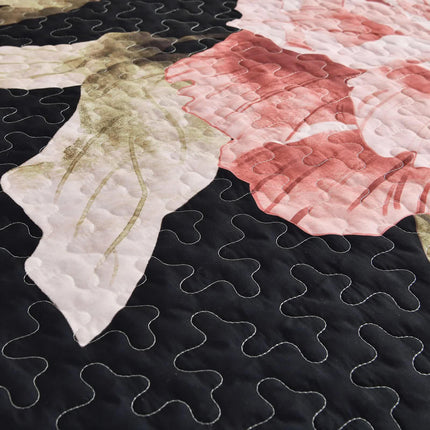 Blossom Trio Quilted Coverlet Set with Pillowcases (Black, Red & Pink.