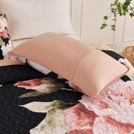 Blossom Trio Quilted Coverlet Set with Pillowcases (Black, Red & Pink.