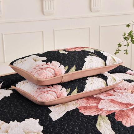 Blossom Trio Quilted Coverlet Set with Pillowcases (Black, Red & Pink.