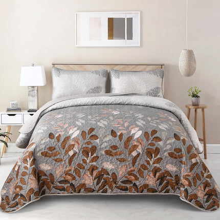 Brown Verdant Quilted Ensemble with Flower Motifs bedspread  and Pillowcases.