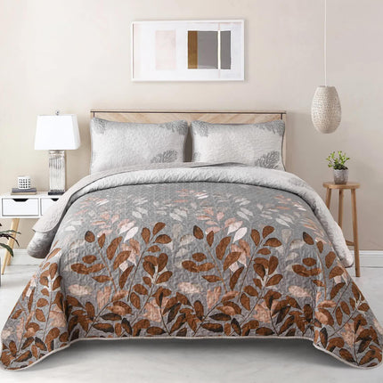 Brown Verdant Quilted Ensemble with Flower Motifs bedspread  and Pillowcases.
