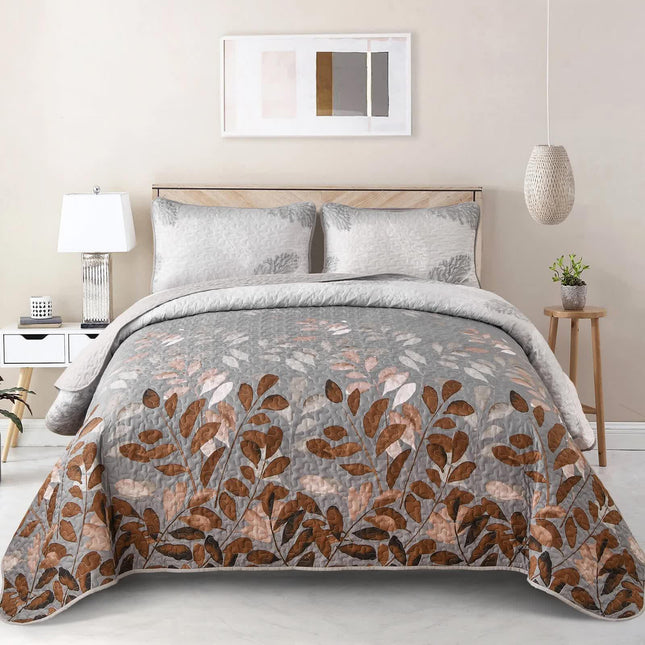 Brown Verdant Quilted Ensemble with Flower Motifs bedspread  and Pillowcases.