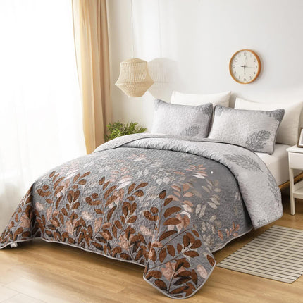 Brown Verdant Quilted Ensemble with Flower Motifs bedspread  and Pillowcases.