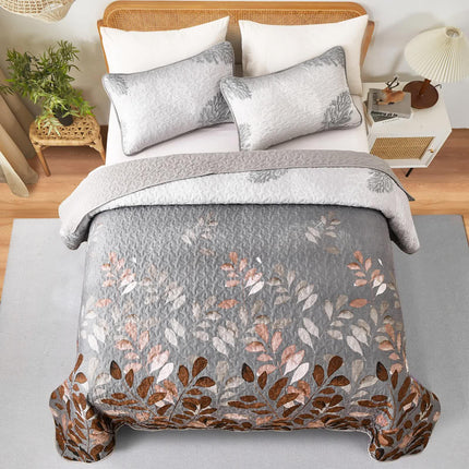Brown Verdant Quilted Ensemble with Flower Motifs bedspread  and Pillowcases.