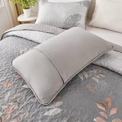 Brown Verdant Quilted Ensemble with Flower Motifs bedspread  and Pillowcases.