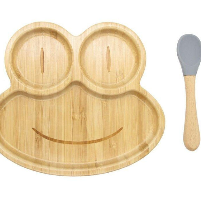 Bamboo Kids Children Baby Plate Bowl & Silicon Suction Cap Base & Spoon - Frog.