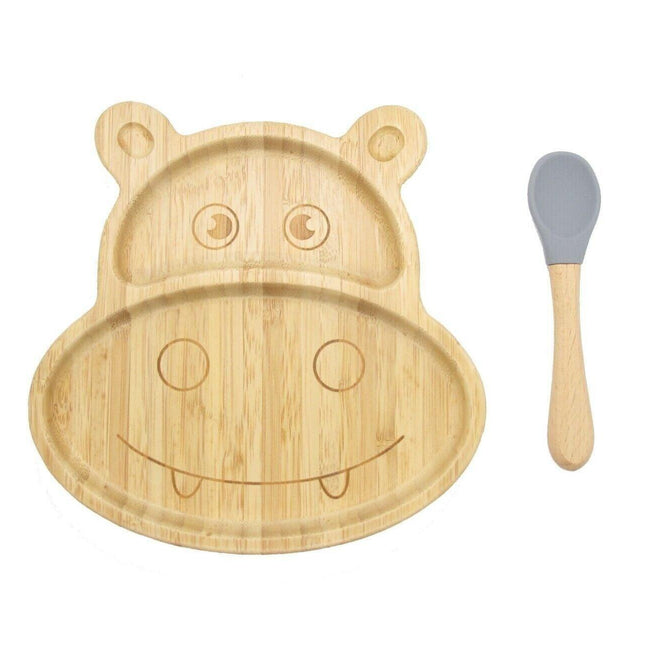 Bamboo Kids Children Baby Plate Bowl & Silicon Suction Cap Base & Spoon - Hippo.