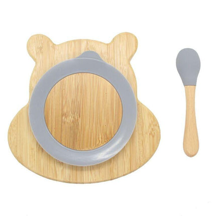Bamboo Kids Children Baby Plate Bowl & Silicon Suction Cap Base & Spoon - Hippo.