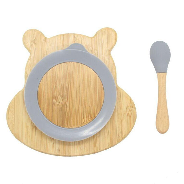 Bamboo Kids Children Baby Plate Bowl & Silicon Suction Cap Base & Spoon - Hippo.