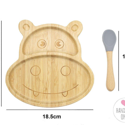 Bamboo Kids Children Baby Plate Bowl & Silicon Suction Cap Base & Spoon - Hippo.