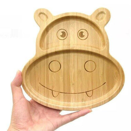 Bamboo Kids Children Baby Plate Bowl & Silicon Suction Cap Base & Spoon - Hippo.