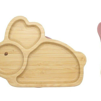 Bamboo Kids Children Baby Plate Bowl & Silicon Suction Cap Base & Spoon - Rabbit.