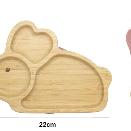 Bamboo Kids Children Baby Plate Bowl & Silicon Suction Cap Base & Spoon - Rabbit.