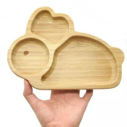 Bamboo Kids Children Baby Plate Bowl & Silicon Suction Cap Base & Spoon - Rabbit.