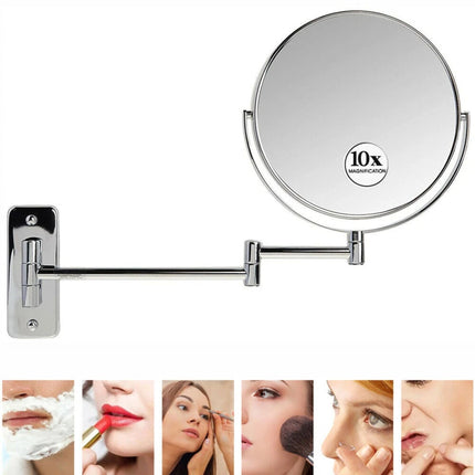 Extendable Wall-Mounted Makeup Mirror with 10× Magnification, Double-Sided.