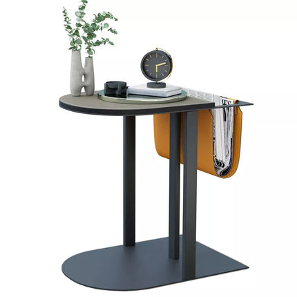 Luxury C Shaped End Table Small Accent Table Faux Leather Top With Storage Bag.