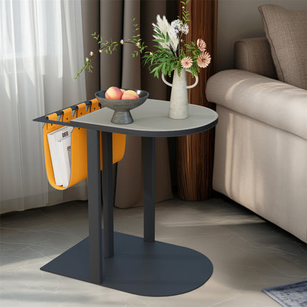 Luxury C Shaped End Table Small Accent Table Faux Leather Top With Storage Bag.