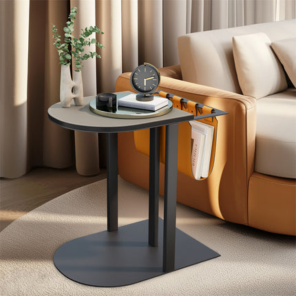 Luxury C Shaped End Table Small Accent Table Faux Leather Top With Storage Bag.