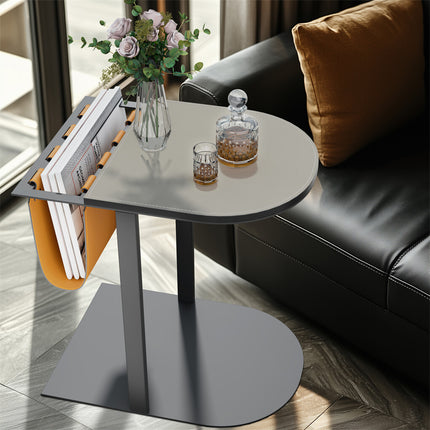 Luxury C Shaped End Table Small Accent Table Faux Leather Top With Storage Bag.
