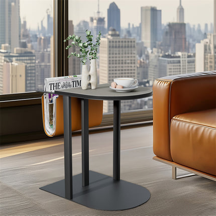 Luxury C Shaped End Table Small Accent Table Faux Leather Top With Storage Bag.