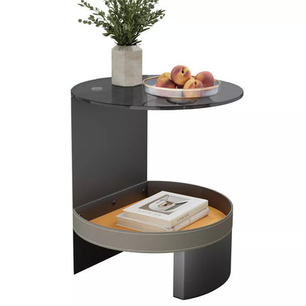 2 Tier Luxury Side End Table Glass Top Saddle Leather Storage Shelf Accent Table.