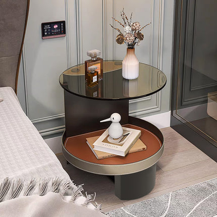 2 Tier Luxury Side End Table Glass Top Saddle Leather Storage Shelf Accent Table.