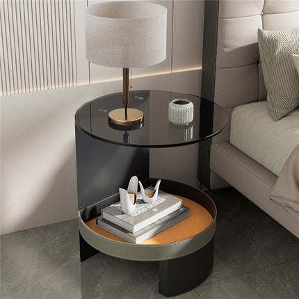 2 Tier Luxury Side End Table Glass Top Saddle Leather Storage Shelf Accent Table.