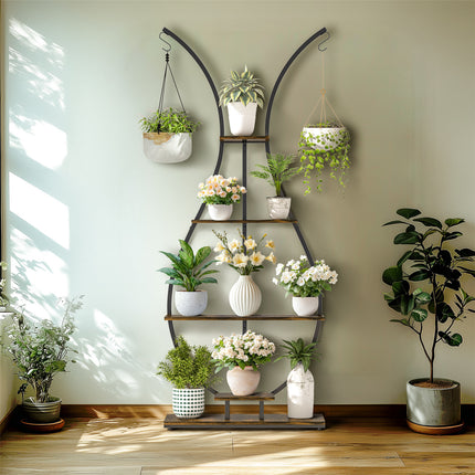180Cm Tall Plant Stand Indoor Vase-Shape Metal Plant Shelf With Hanging Hooks.