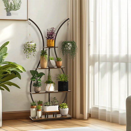 180Cm Tall Plant Stand Indoor Vase-Shape Metal Plant Shelf With Hanging Hooks.