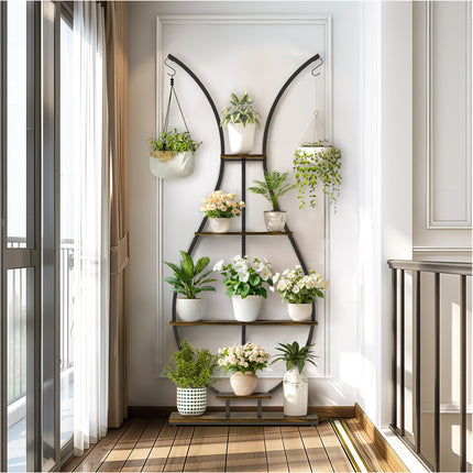 180Cm Tall Plant Stand Indoor Vase-Shape Metal Plant Shelf With Hanging Hooks.